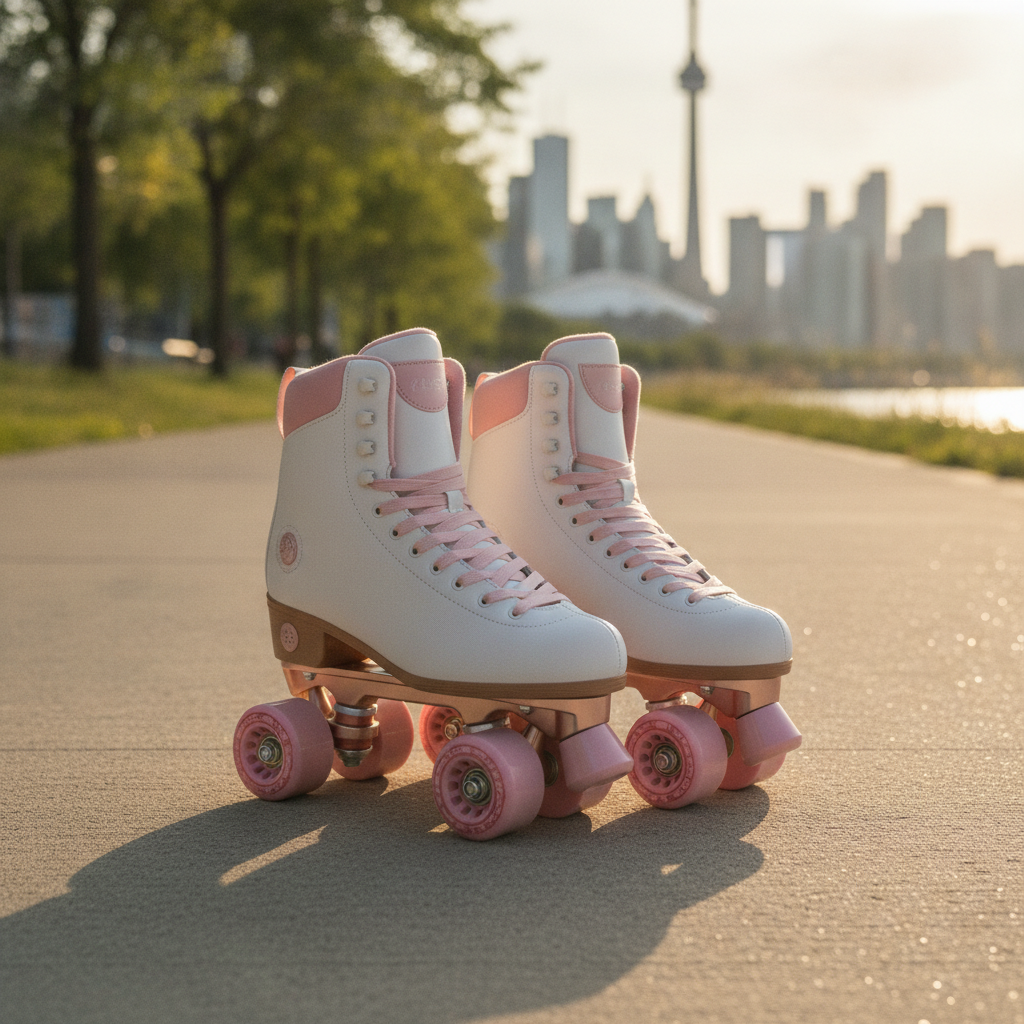 Pink quad roller skates ready for an outdoor skating session in Canada