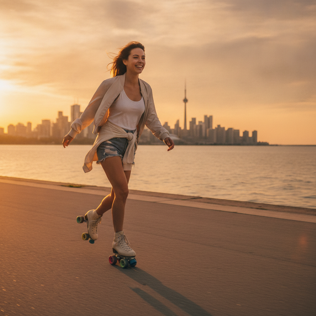 Roller skater cruising a paved waterfront trail in Toronto at golden hour